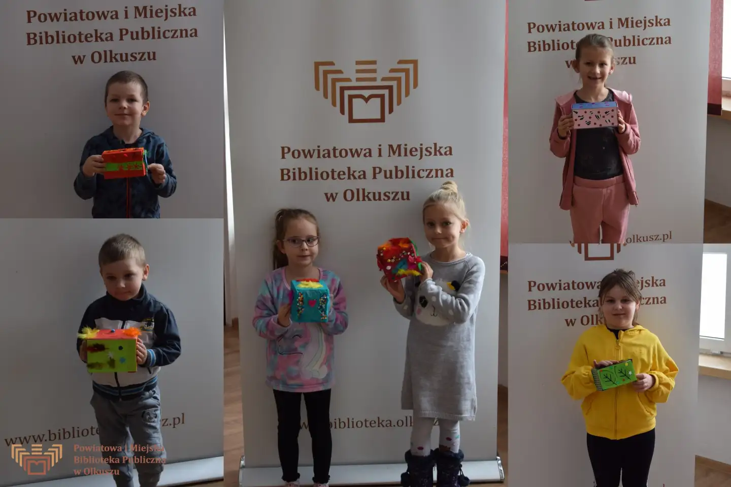 Zdjęcie jest kolażem zdjęć dzieci pozujących z wykonanymi własnoręcznie skarbonkami.