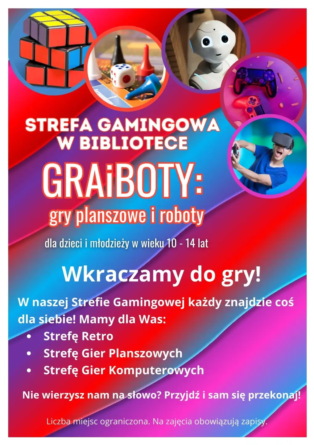 Plakat informujący o zajęciach Strefa Gamingowa w Bibliotece: GraiBoty gry planszowe i roboty. Wkraczamy do gry!
